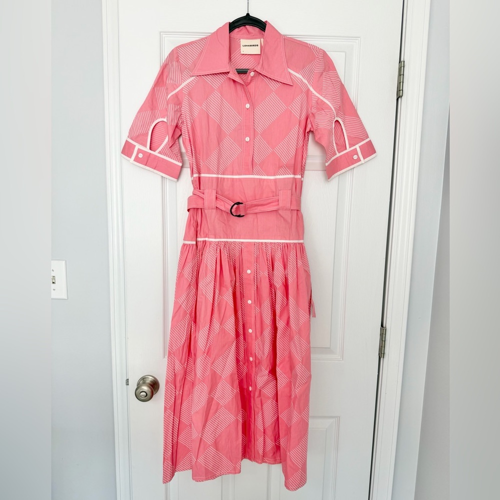 Lovebirds Size S • Pink Polka Dot Belted Cotton Poplin Midi Dress.